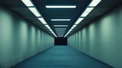 Fototapeta premium Long concrete tunnel leading to darkness, illuminated by rows of bright fluorescent lights, creating a sense of solitude and mystery in a modern architectural space