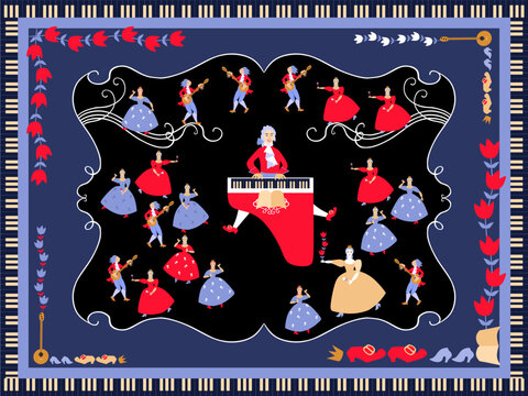 Mozart performed his music on the harpsichord surrounded by ladies and gentlemen. Beautiful print for packaging, cards, music boxes