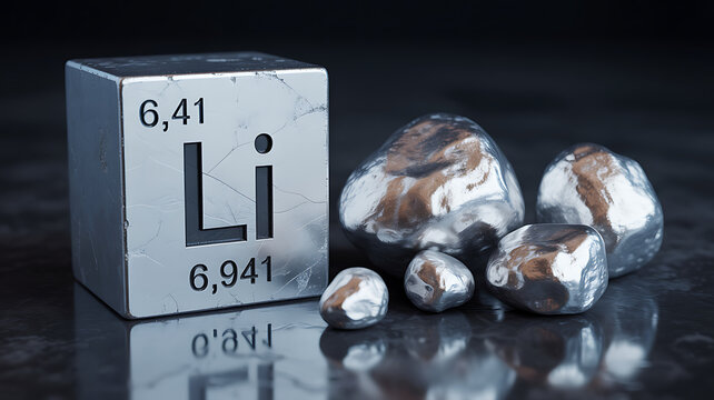 Lithium: A close-up shot features a collection of metallic lithium, accompanied by the periodic table symbol for lithium, highlighting its unique properties and chemical significance.
