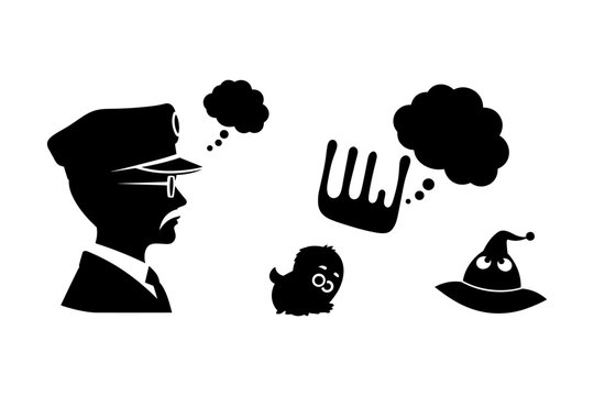 Silhouette of a man in a hat thinking about a comb, a creature, and a witch hat