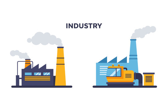 Modern industrial factories with smokestacks emitting smoke and heavy machinery