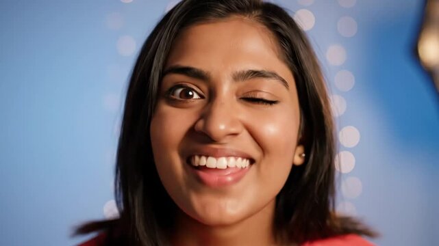 Cheerful woman expressing different funny faces and laughing while looking into the camera with excitement.