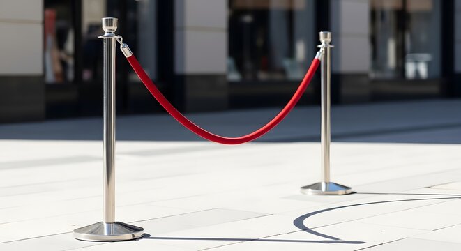 Red velvet rope barrier with two shiny metal stanchions on white tiles