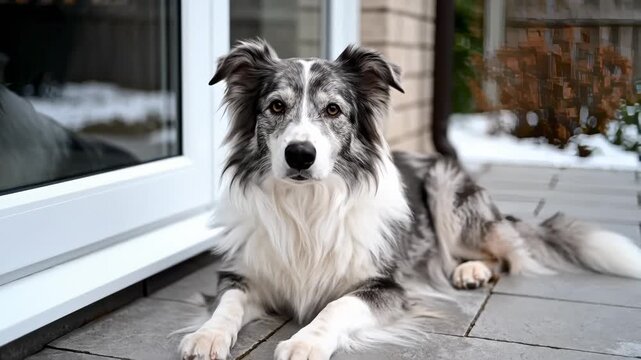 Beautiful Blue Merle Border Collie Dog Lying Calmly on Outdoor Patio in Winter
