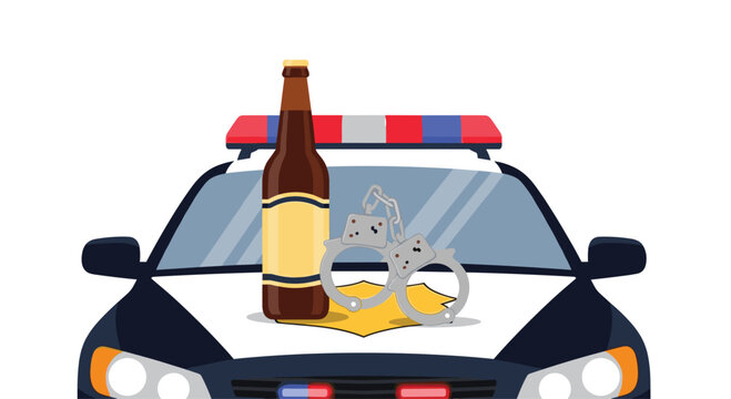 A beer bottle and silver handcuffs are prominently displayed on a police car hood with a gold badge emblem to highlight law enforcement and safety.