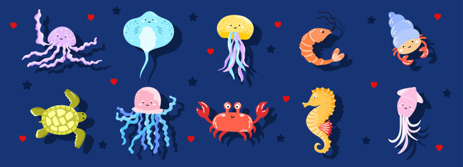 Fish stingray octopus for kawaii cute jellyfish and shrimp crab seahorse. Squid turtle crustacean for children underwater aquarium and reef sea clipart. Fish animal fauna for kawaii ocean © alia.kurianova