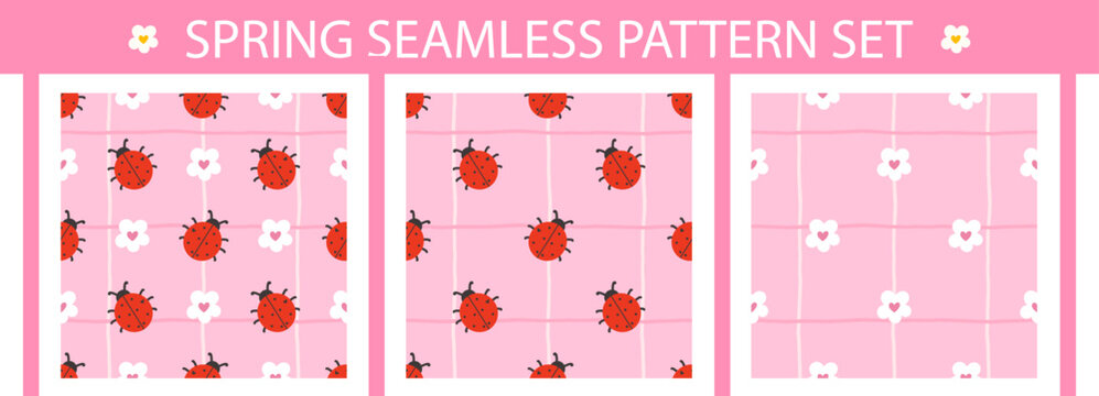 Flower, ladybug, and summer pattern with gingham, cute, seamless, floral, and kawaii set bg. Spring daisy print and pink botanical textile background