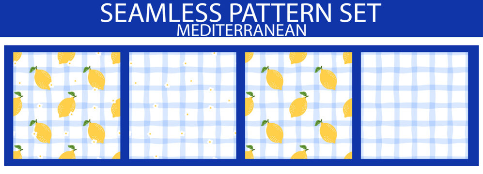 Lemon gingham Mediterranean seamless pattern and set summer texture. Tartan blue yellow with plaid check tablecloth and picnic kids easter. Background vector lemon