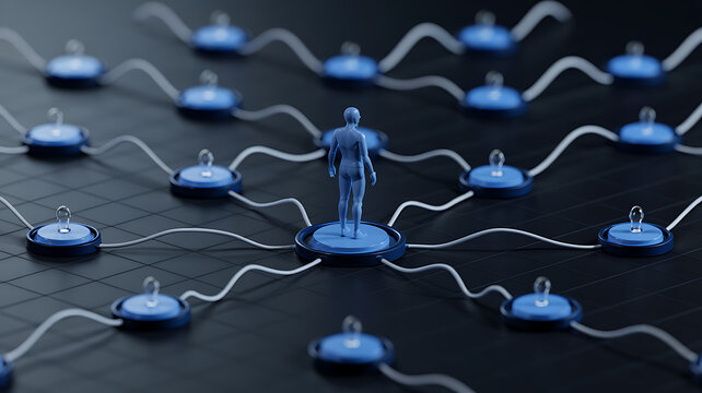 Centralized Network: An abstract depiction of interconnectedness and digital relationships. A lone figure stands at the heart of a network.