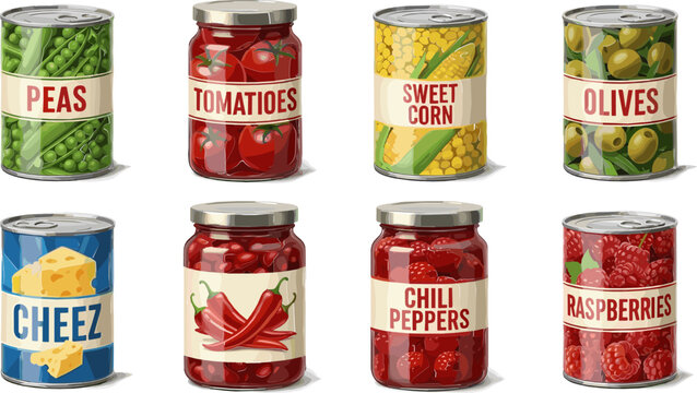 Illustrations of Various Canned Foods Including Peas, Tomatoes, Sweet Corn, Olives, Cheez, Chili Peppers, and Raspberries for Food Packaging Designs