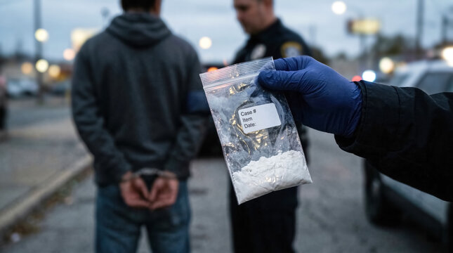 Police officer holding bag of white powder near arrested male suspect, drug crime and narcotics evidence concept. 