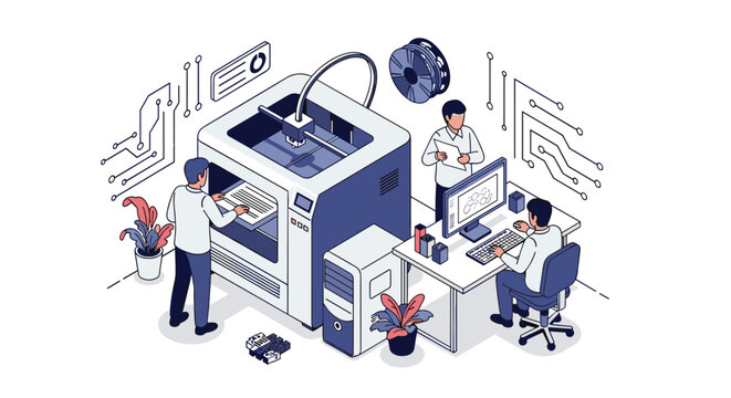 Engineers working in a high-tech laboratory using a 3D printer to create prototypes and models for industrial manufacturing.