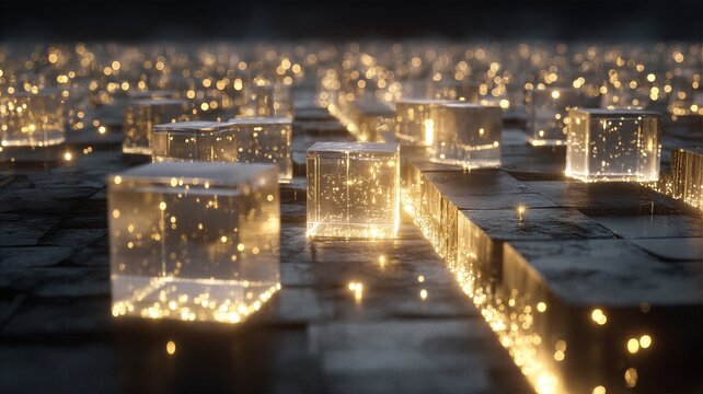 Glowing transparent data cubes on dark stone floor for quantum computing tech presentation backgrounds.