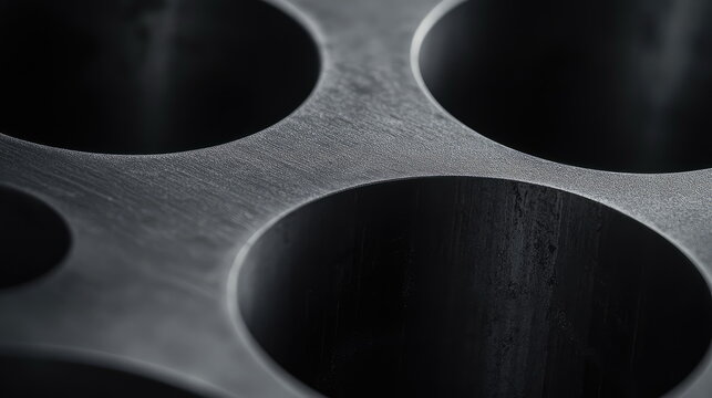 Dark brushed steel panel with repeating circular perforations, minimalist industrial texture catching light and shadow for a modern, geometric metallic background