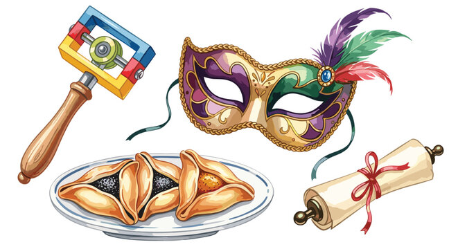 Purim holiday symbols: mask, grogger, hamantaschen, and scroll
