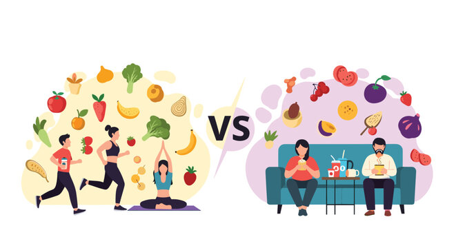 Comparison between a healthy lifestyle with exercise and fresh food versus a sedentary lifestyle with junk food.