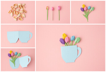 DIY craft tutorial pistachio shell tulips handmade greeting card spring flower bouquet paper teacup creative hobby art education project recycling workshop kids activity florist gift concept, © Elena