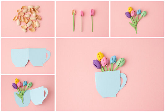 DIY craft tutorial pistachio shell tulips handmade greeting card spring flower bouquet paper teacup creative hobby art education project recycling workshop kids activity florist gift concept,