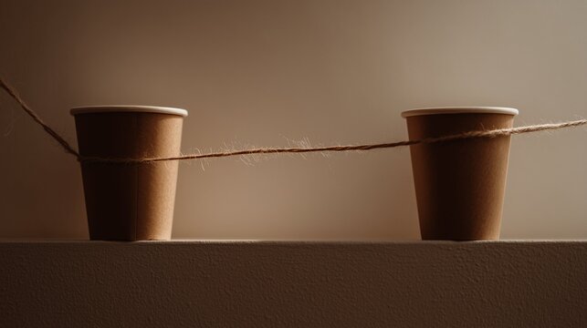 Tin can telephone made of brown paper cups and string, communication and connection concept
