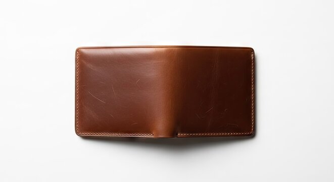 Brown leather wallet isolated on white background top view product photography