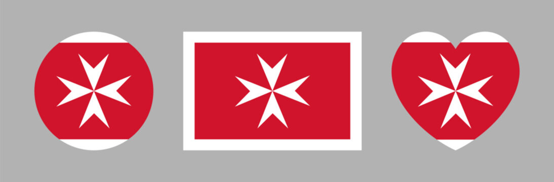 Malta civil flag ensign. Civil Ensign of Malta flag heart, circle, rectangle badge, background. Maltese flag heart, round, rectangular icon, sticker. Malta flag banner, button.