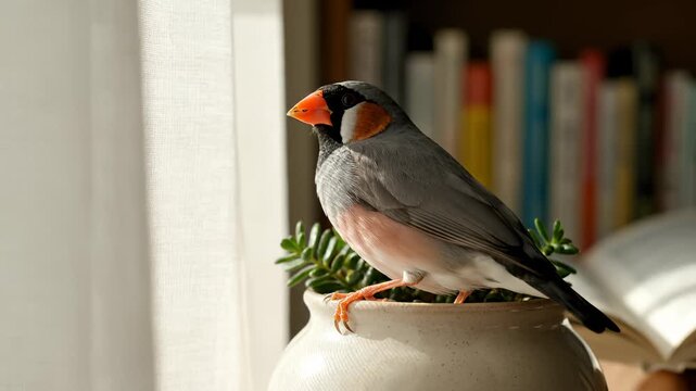 Zebra Finch Bird Perching on a Ceramic Pot by a Sunny Window
