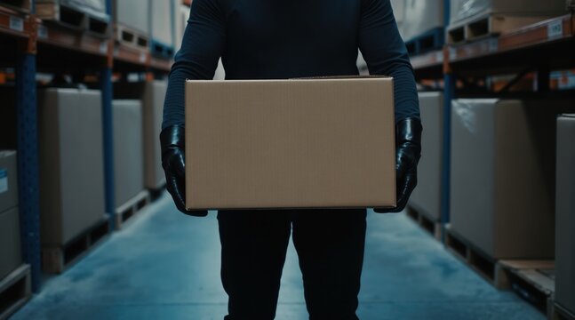 Person wears black gloves and dark clothes holding cardboard package in warehouse aisle. Person stands between tall shelves stocked with boxes. Focus on hands and package.