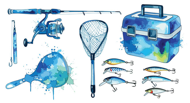 Collection of blue watercolor fishing gear and lures on a white background