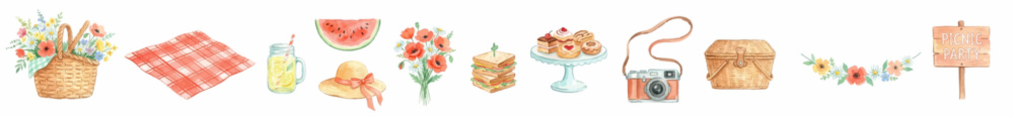 Picnic party elements, cute summer objects, outdoor food and flowers, pastel decorative clipart for seasonal design. Collection of Vector illustrations for invitation, card, poster, banner, decoration © maria