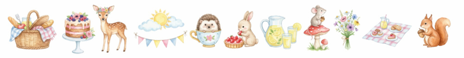 Naklejka premium Woodland picnic collection, adorable animals, summer food and nature elements, pastel decorative clipart in cozy style. Collection of Vector illustrations for invitation, card, poster, banner, decor
