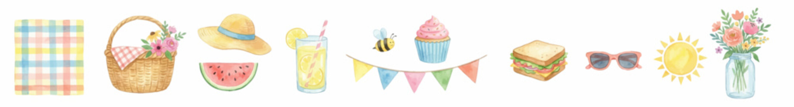 Cute summer elements, picnic objects, sunny holiday mood, decorative floral and food clipart in pastel tones. Collection of Vector illustrations for invitation, card, poster, banner, decoration
