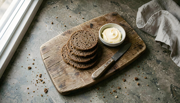 A wooden cutting board topped with sliced bread next to a bowl of butter. Swedish crispbread butter board.