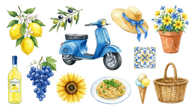 Italian summer set, travel and food elements, citrus, flowers and leisure objects in pastel watercolor clipart style. Collection of Vector illustrations for invitation, card, poster, banner, decor