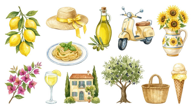 Italian summer collection, coastal travel vibe, food, flowers and rustic lifestyle objects in pastel watercolor style. Collection of Vector illustrations for invitation, card, poster, banner, decor
