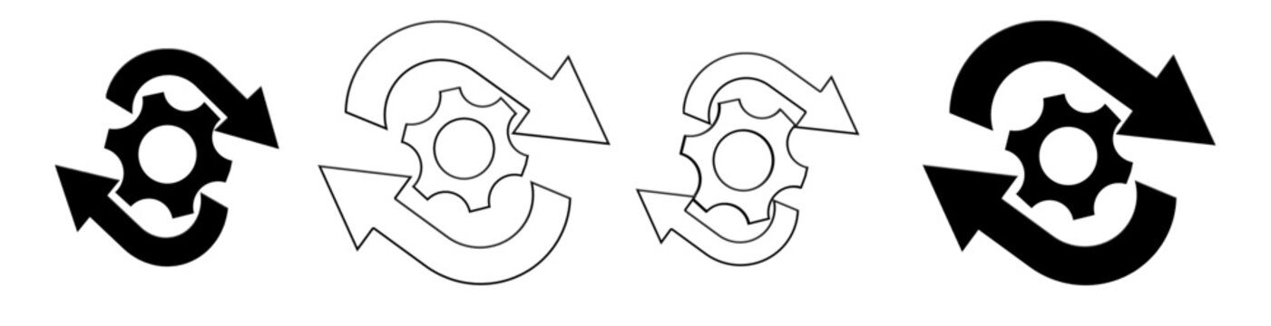 Banner Sync process and workflow icon set. Productivity, setting, synchronization, gear wheel with arrow symbol on white background vector graphic design