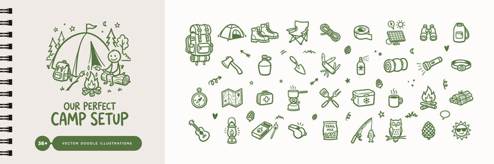 Camping Gear Doodle Vector Icon Set © Studio181