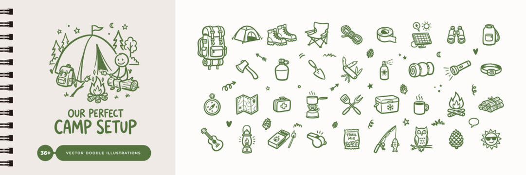 Camping Gear Doodle Vector Icon Set