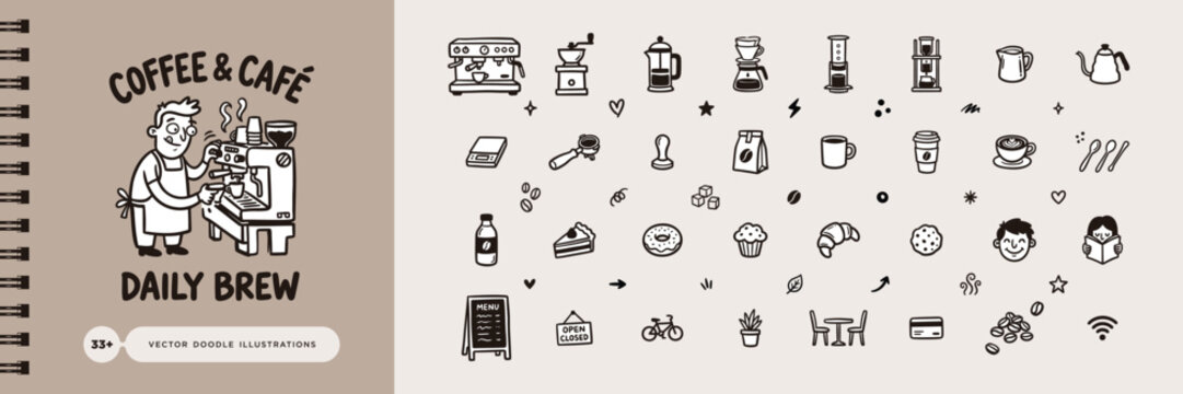 Hand-drawn Coffee and Cafe Doodle Icon Vector Set