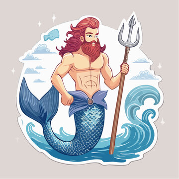 Merman Holding Trident with Waves and Clouds