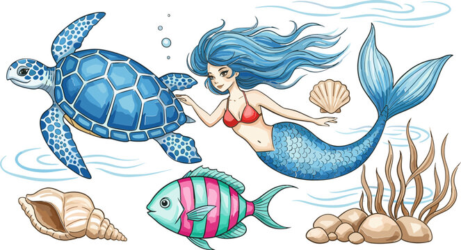 Mermaid with Sea Turtle, Fish, and Ocean Plants in a Colorful Underwater Scene, Ocean Life and Marine Animals Vector Illustration for Kids