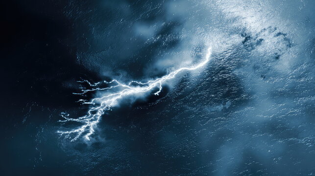 Earth's atmosphere experiencing a powerful thunder storm at night, with bright lightning flashes illuminating the clouds and dark surface below, creating a dramatic natural phenomenon