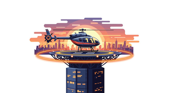 A sleek dark helicopter sits on a rooftop helipad of a tall building with a glowing orange sunset and city skyline skyscrapers in the background.