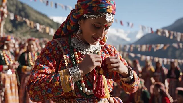 Himachali Woman in Vibrant Ethnic Attire Pinning a Traditional Silk Minjar Tassel to her Dress during the Famous Minjar Mela Festival in Chamba, India