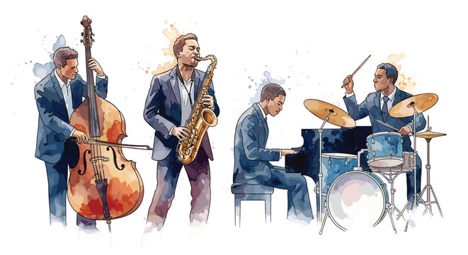 Jazz quartet performing music with saxophone, piano, bass, and drums