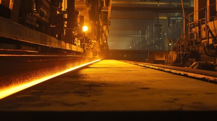Fototapeta premium Hot glowing metal slab moving along a conveyor in a plant, illustrating the intense heat and scale of heavy manufacturing processes and metal production