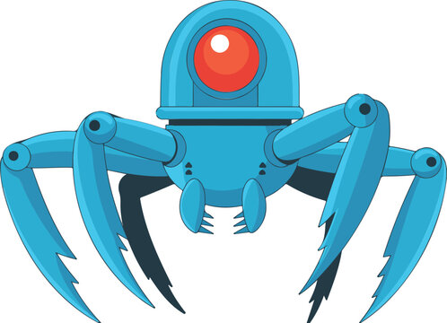 Blue futuristic robotic spider drone vector with red eye for sci-fi gaming technology security concept and artificial intelligence automation mascot design.