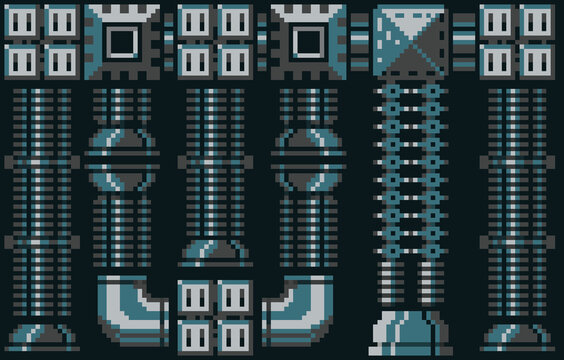 8-bit pixel art of blue and grey industrial pipes and mechanical elements. Ideal for retro sci-fi game assets, tech-themed designs, detailed digital illustrations, wallpaper, background, game asset.