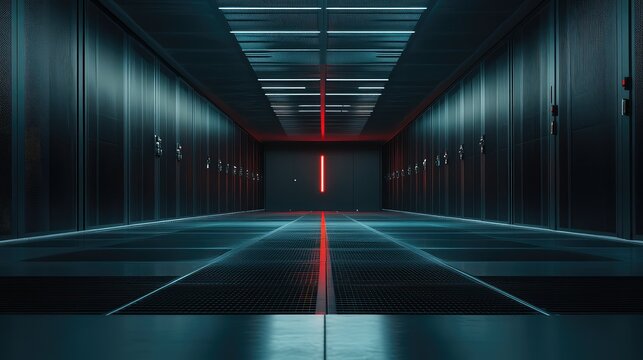 Server room corridor with racks of network hardware and a glowing red light illuminating the futuristic infrastructure, suggesting cloud computing, security, and digital data storage