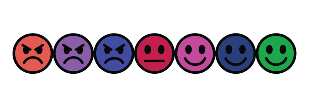 Emotion icons in various colorful faces expressing different feelings and moods