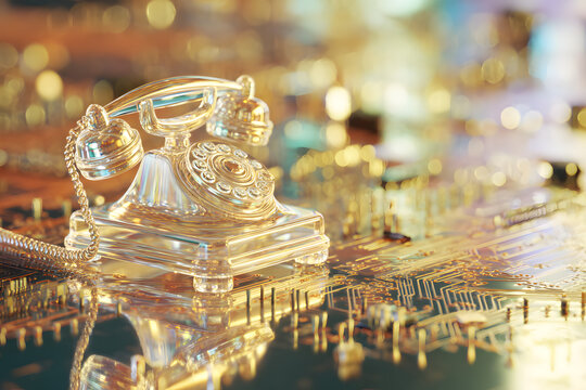 Clear, vintage rotary telephone on a golden circuit board, symbolizing the evolution and connection of communication technology.
